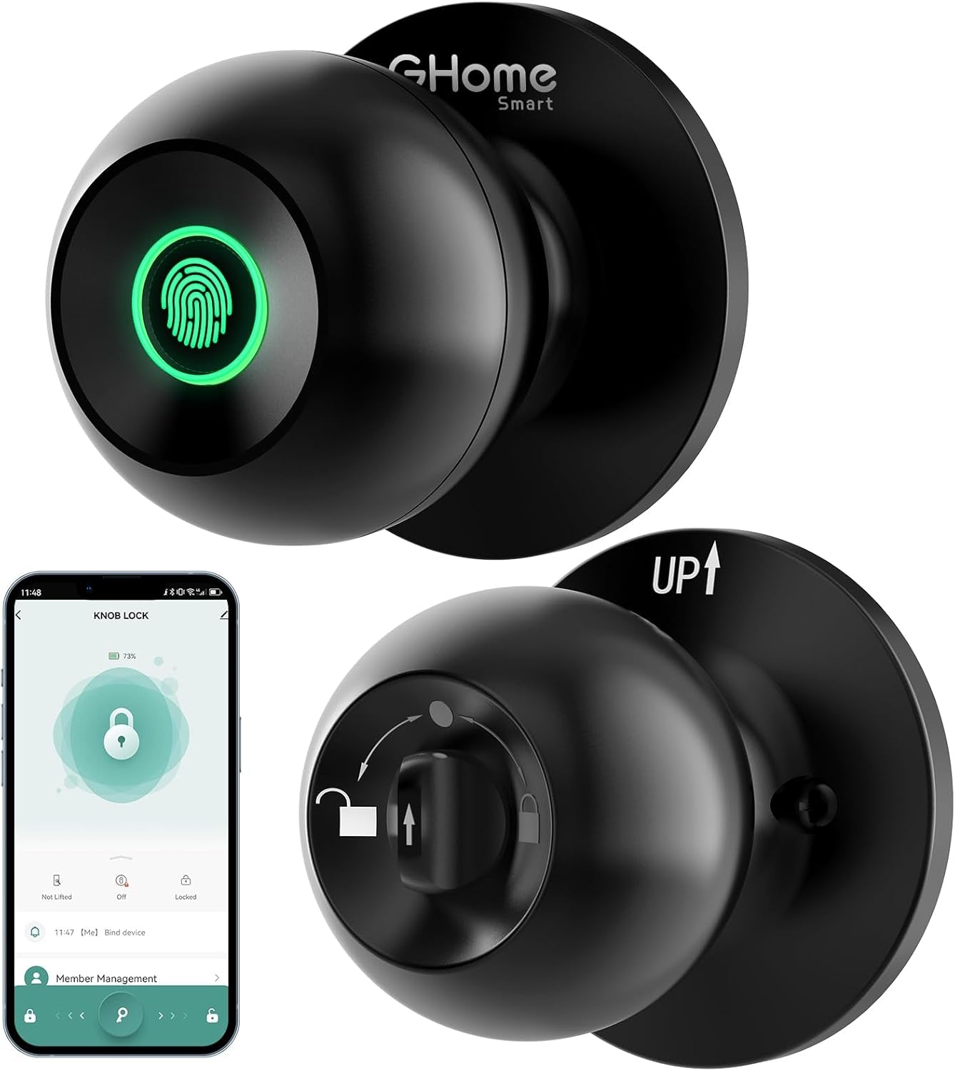 Fingerprint Door Lock, 3 in 1 Smart Door Knob with App Control & Key & Keyless Thumbprint Entry, Type-C Port Emergency Charging, Biometric Lock for Bedroom, Garage, Apartment, Office