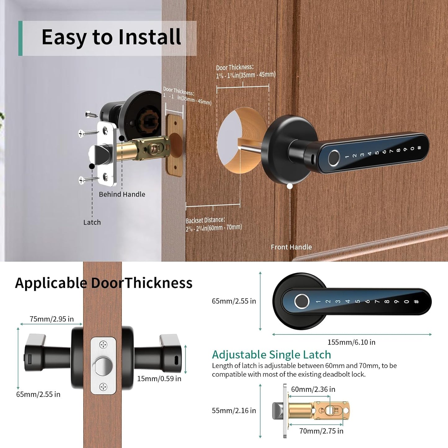 Fingerprint Door Lock Smart Door Lock with Keypad Keyless Entry Door Lock with Handle for Home Hotel Office Apartment Bedroom